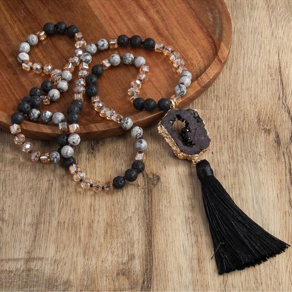 Luxe Druzy Beaded Glass Knot Tassel Long Wrap Necklace